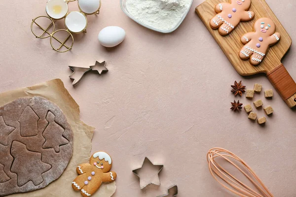 Composition Fresh Dough Gingerbread Cookies Cutters Color Background — Foto de Stock