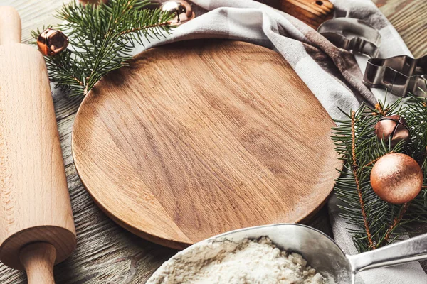 Christmas Composition Empty Plate Flour Cookie Cutters Table — Stock Photo, Image