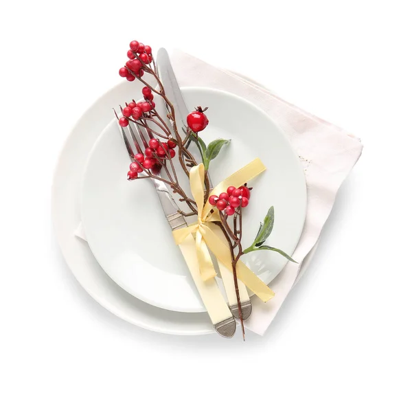 Beautiful Christmas Table Setting Mistletoe White Background — Foto de Stock