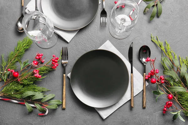 Beautiful Christmas Table Setting Mistletoe Dark Background —  Fotos de Stock