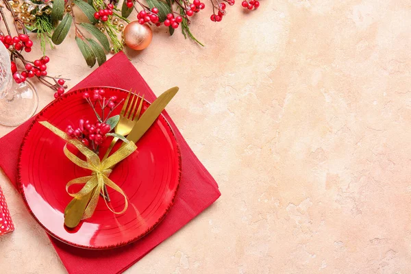 Beautiful Christmas Table Setting Mistletoe Color Background —  Fotos de Stock