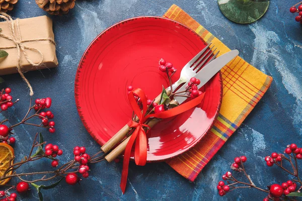 Beautiful Christmas Table Setting Mistletoe Color Background — Foto de Stock