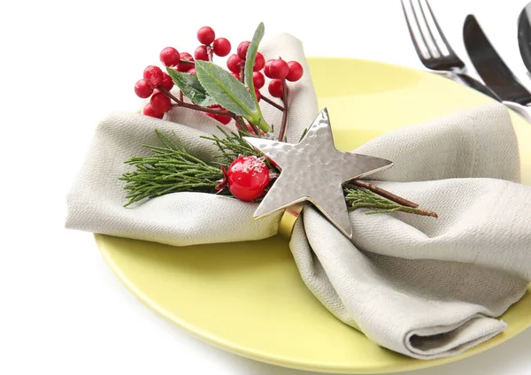 Beautiful Christmas Table Setting Mistletoe White Background — Stock Photo, Image