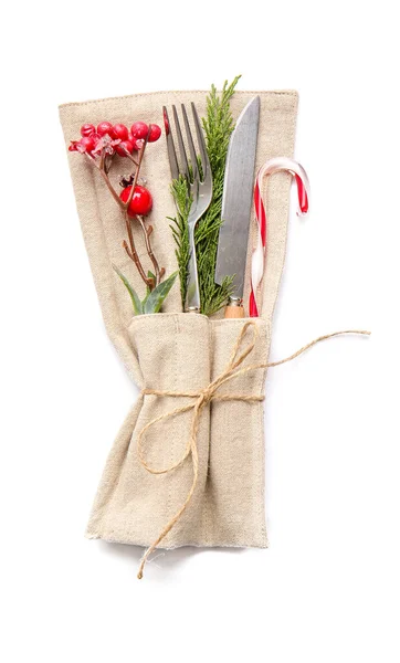 Beautiful Christmas Table Setting Mistletoe White Background — Stock Photo, Image