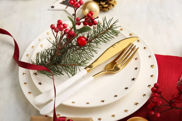Beautiful Christmas Table Setting Mistletoe White Background — Stock Photo, Image