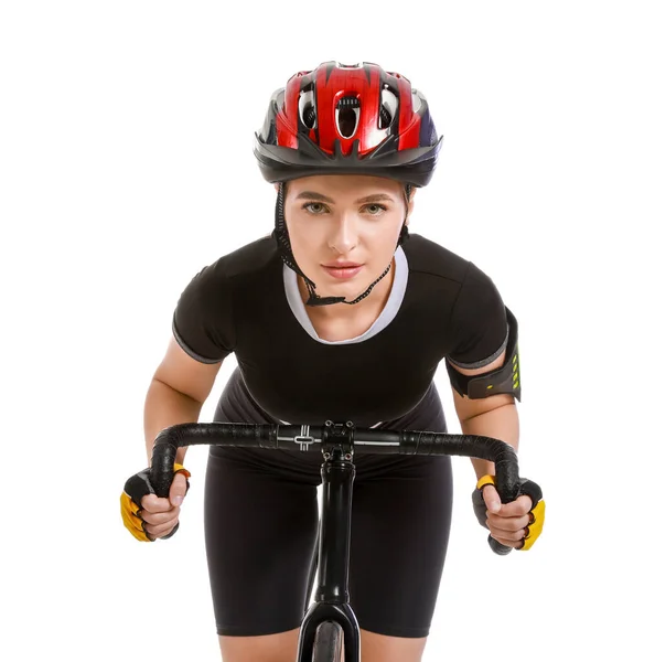 Femme Cycliste Vélo Sur Fond Blanc — Photo