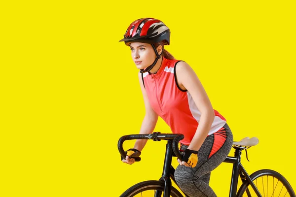 Female Cyclist Riding Bicycle Color Background — Stock Photo, Image
