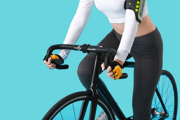 Female Cyclist Riding Bicycle Color Background — Stock Photo, Image