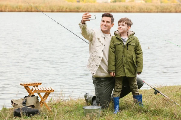 Little Boy His Father Taking Selfie While Fishing River — Foto de Stock