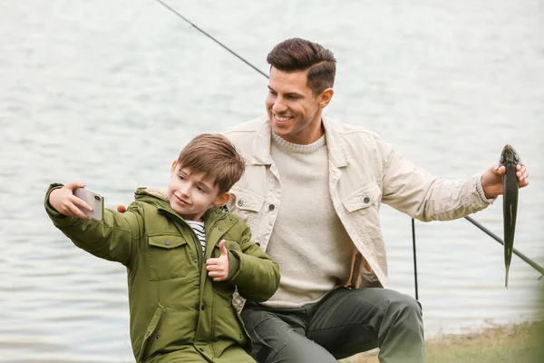 Little Boy His Father Taking Selfie While Fishing River — Foto de Stock