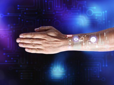 Koyu renk arka planına karşı sağlık kartının hologramı. Tıpta yenilikçi teknolojiler