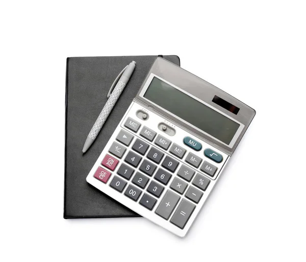 Calculadora Digital Caneta Notebook Isolados Fundo Branco — Fotografia de Stock