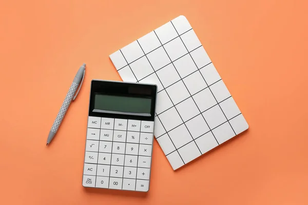 Digital Calculator Notebook Pen Color Background — Foto de Stock