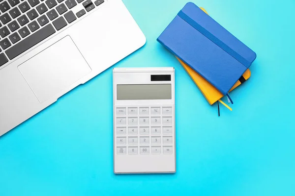 Digital Calculator Notebooks Laptop Color Background — Stock Photo, Image