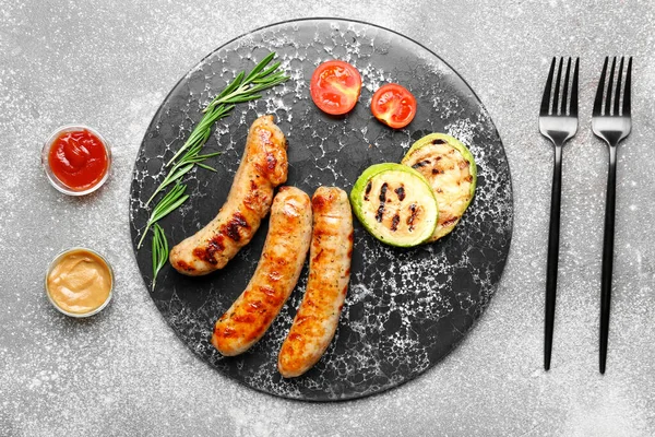 Plate Delicious Grilled Sausages Vegetables Sauces Table — Stock fotografie