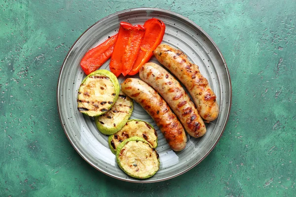 Plate Delicious Grilled Sausages Vegetables Table — Foto de Stock