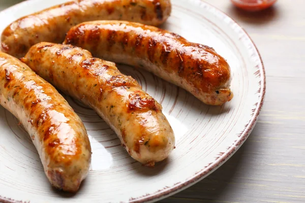 Plate Delicious Grilled Sausages Vegetables Table Closeup — Stock Photo, Image