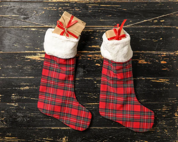 Christmas Socks Gifts Dark Wooden Background — Stock Photo, Image
