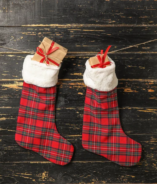 Christmas Socks Gifts Dark Wooden Background — Stock Photo, Image