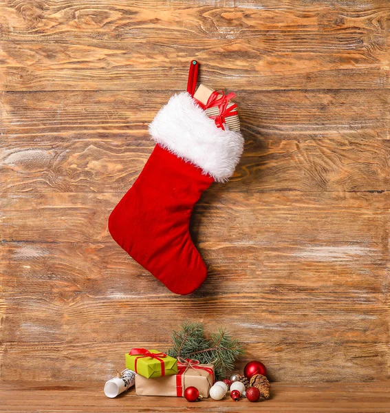 Composition Christmas Sock Wooden Background —  Fotos de Stock