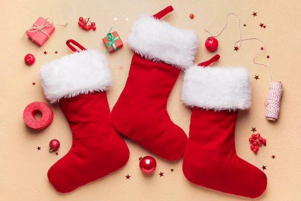 Composition Christmas Socks Color Background — Stock Photo, Image