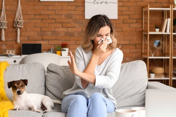 Mujer Joven Que Sufre Alergia Las Mascotas Casa — Foto de Stock