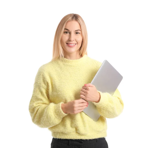 Mulher Bonita Com Laptop Fundo Branco — Fotografia de Stock