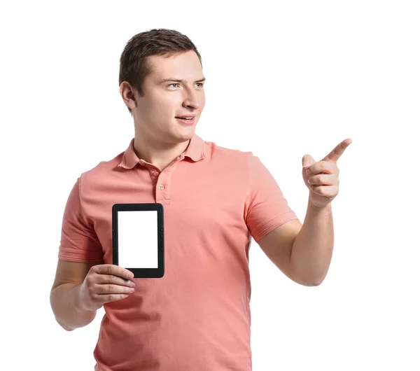 Young Man Reader Pointing Something White Background — Stock Photo, Image