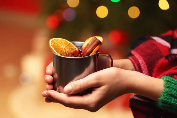 Woman Tasty Mulled Wine Blurred Christmas Lights — Stock Photo, Image