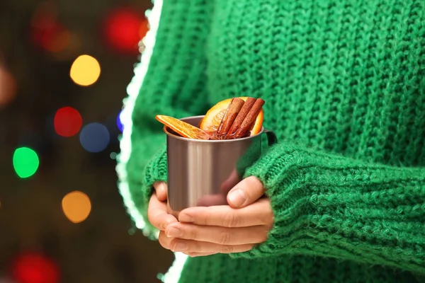 Woman Tasty Mulled Wine Blurred Christmas Lights — Stock Photo, Image