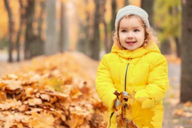 Sonbahar parkında küçük şirin bir kız.