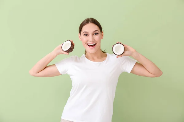 Beautiful Young Woman Coconut Color Background — Stock Photo, Image