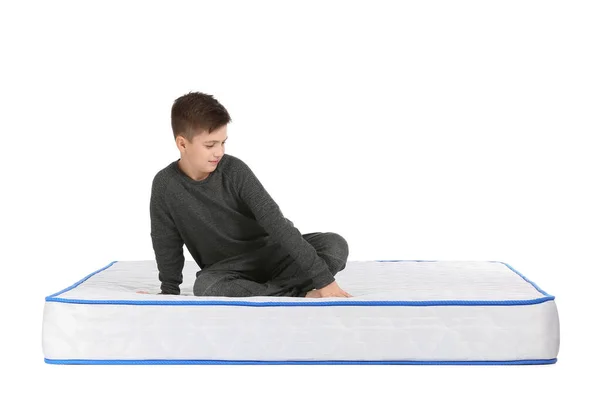 Cute Little Boy Sitting Mattress White Background — Stock Photo, Image