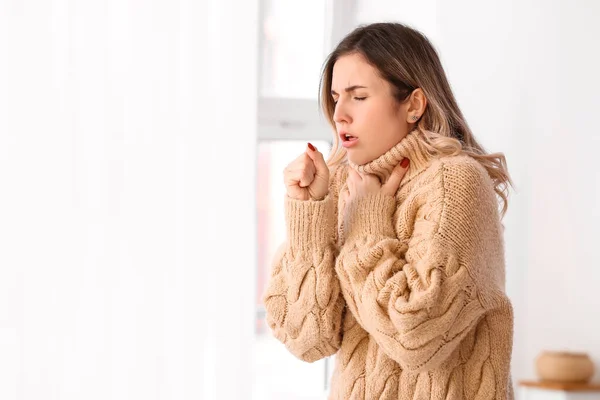 Coughing Young Woman Home — Stock Photo, Image