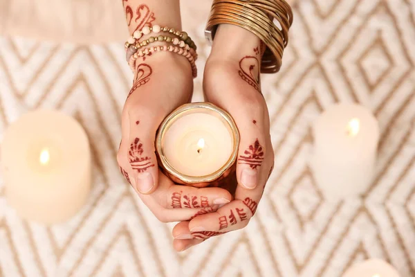 Beautiful Female Hands Henna Tattoo Candle Light Background — Stock Photo, Image