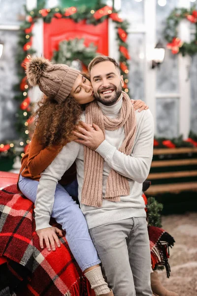 Happy Young Couple Celebrating Christmas Outdoors — Stock Photo, Image