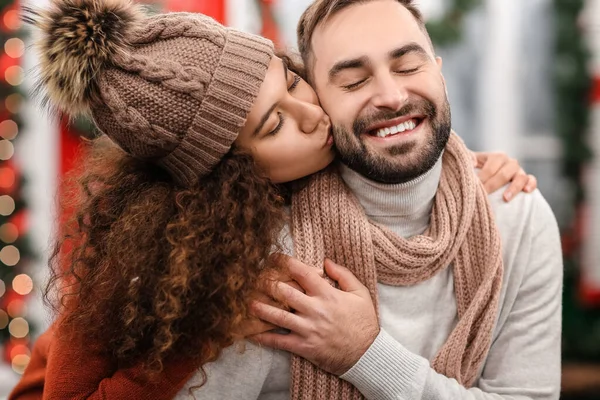 Happy Young Couple Celebrating Christmas Outdoors — Stock Photo, Image