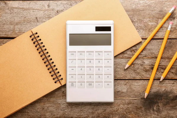 Modern Calculator Stationery Wooden Background — Stock Photo, Image