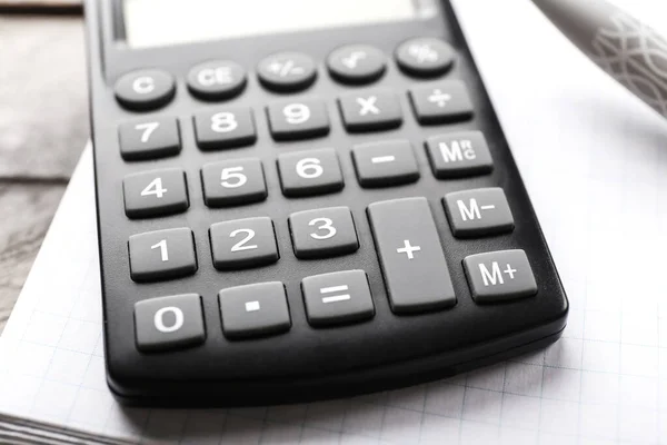 Modern Calculator Wooden Background Closeup — Stock Photo, Image