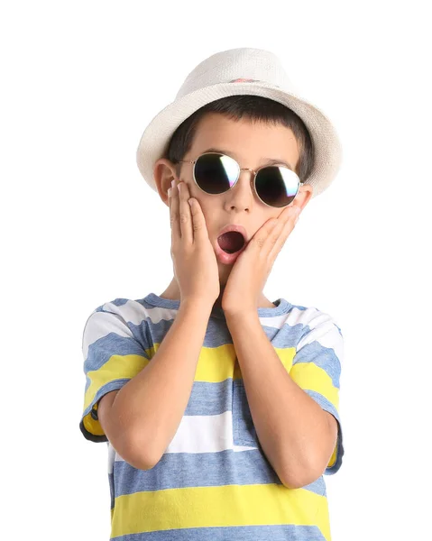 Surprised Boy Wearing Stylish Sunglasses White Background — Stock Photo, Image