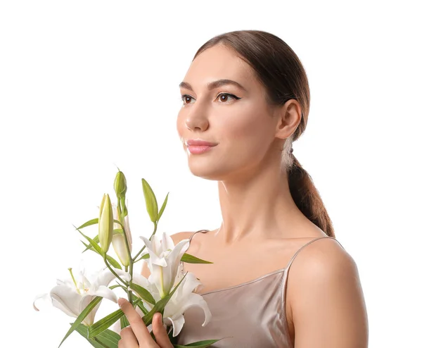 Beautiful Young Woman Fresh Lilies White Background — Stock Photo, Image