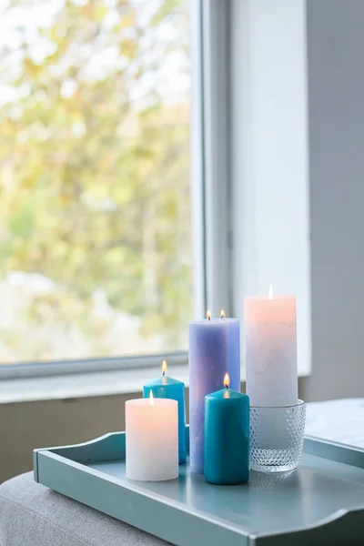 Tray Burning Candles Interior Bedroom — Stock Photo, Image