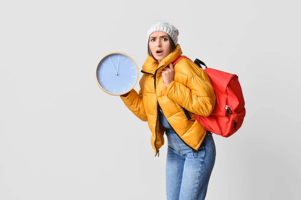 Stressed Female Student Clock Grey Background — Stock Photo, Image