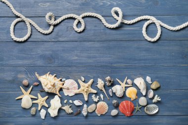 Koyu ahşap arka planda halat ve deniz dekoruyla kompozisyon