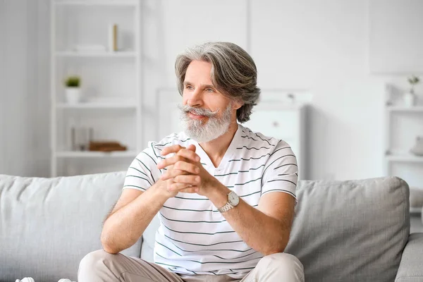 Mature Man Grey Hair Sitting Sofa Home — Stock Photo, Image
