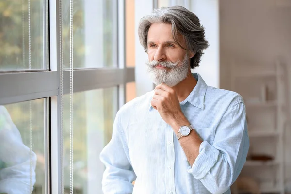 Mature Man Grey Hair Window Home — Stock Photo, Image