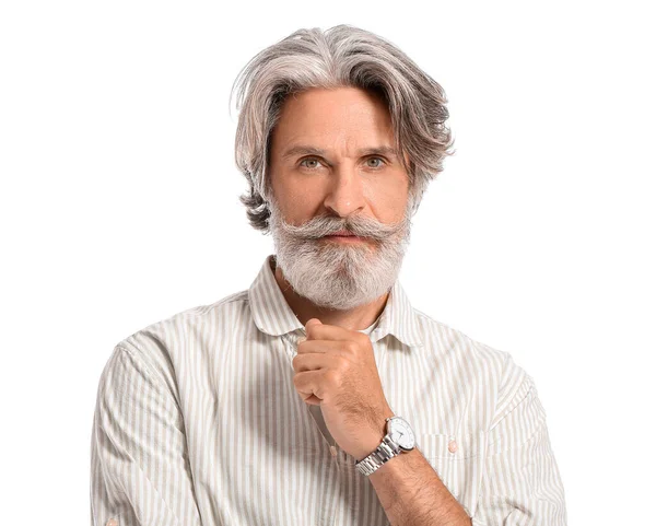 Retrato Hombre Maduro Con Pelo Gris Sobre Fondo Blanco — Foto de Stock