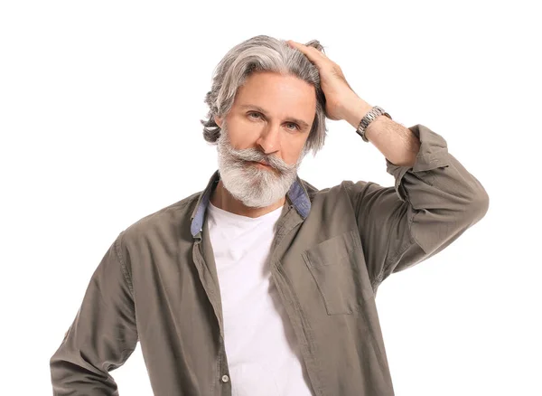 Portrait Mature Man Grey Hair White Background — Stock Photo, Image