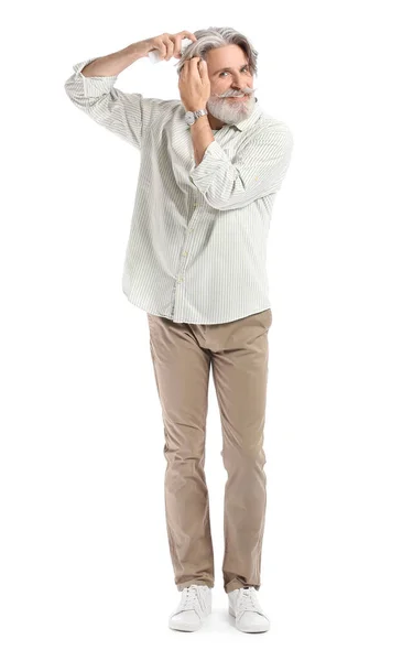 Mature Man Applying Hair Spray White Background — Stock Photo, Image