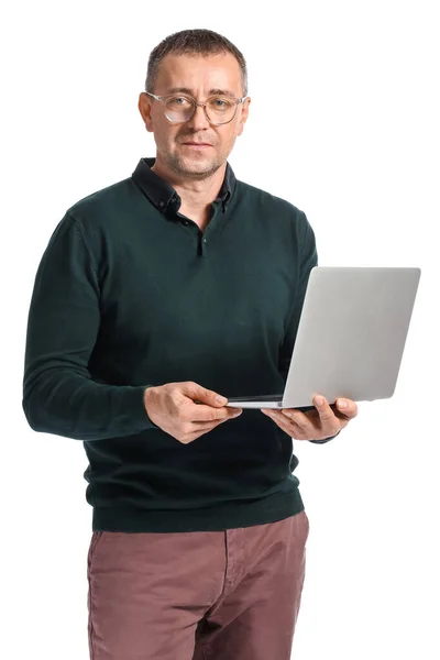 Porträt Eines Männlichen Psychologen Mit Laptop Auf Weißem Hintergrund — Stockfoto
